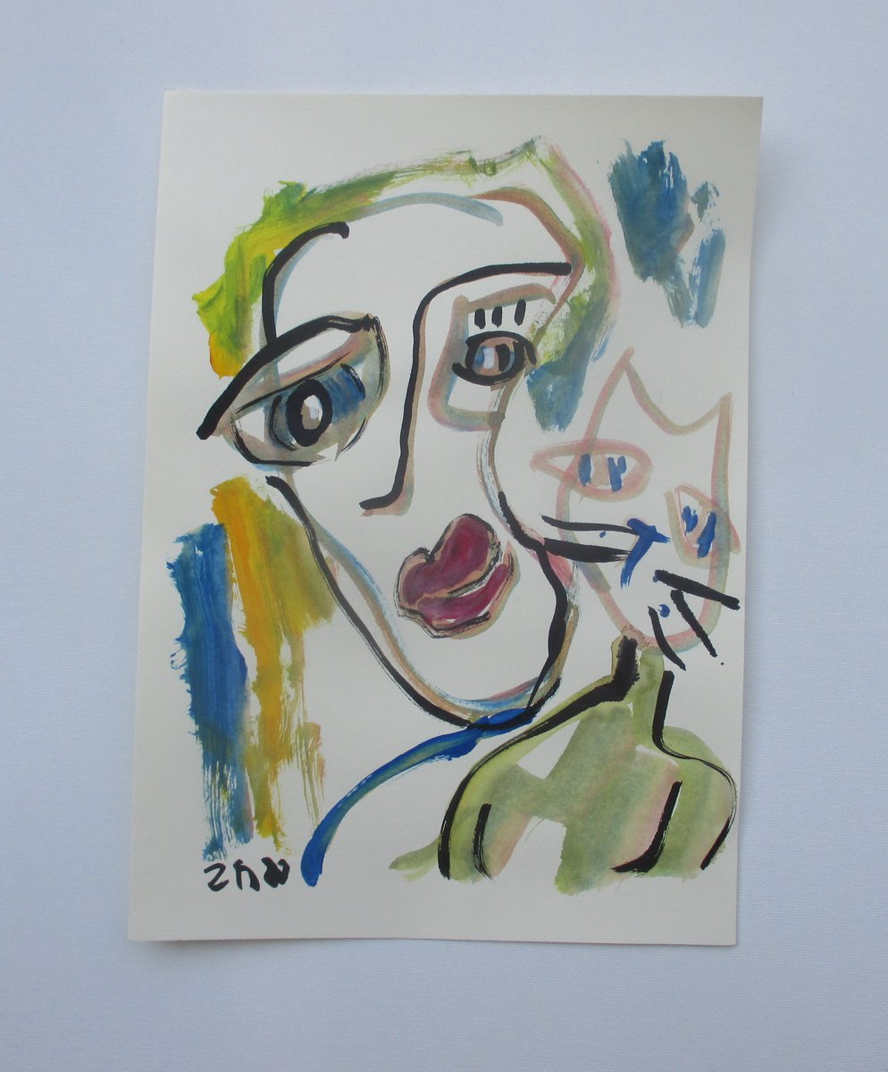 girl with cat 8,2 x 11,4 inch unique mixedmedia drawing by Sonja Zeltner-Muller