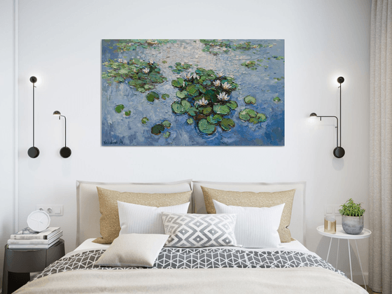 White Water Lilies - Large Original Oil painting 120 x 70 cm