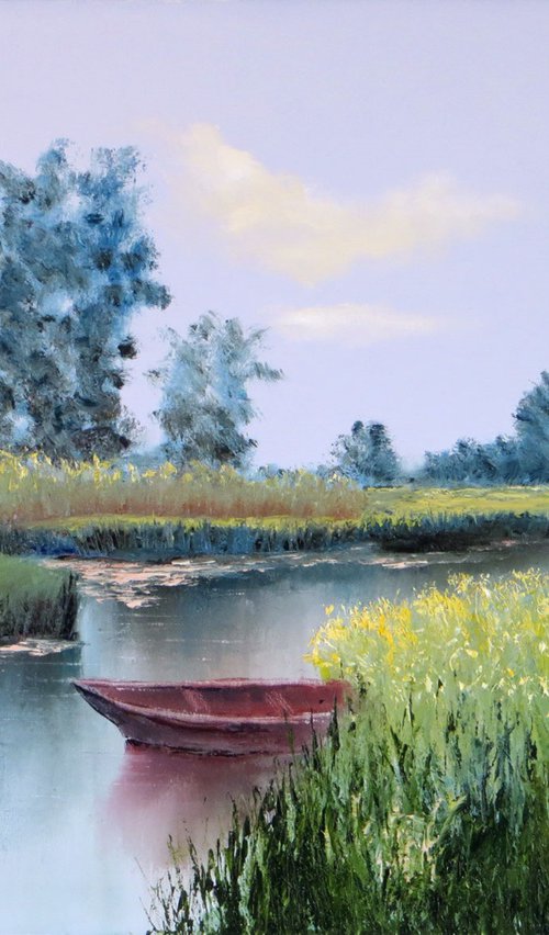 Rural landscape with a boat by Elena Lukina