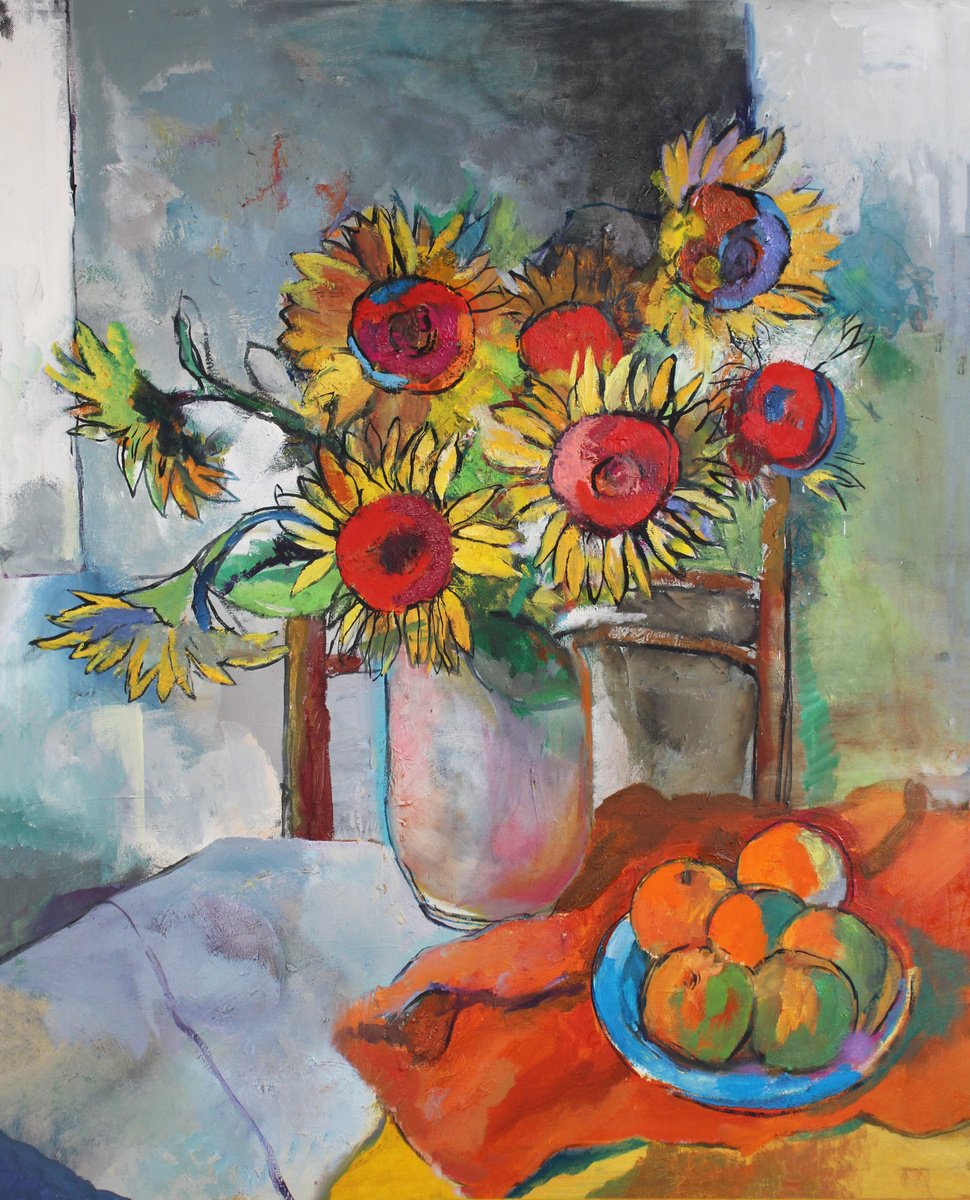Impressionistic Still Life Oil Painting By Artem Andreichuk, 31 X 39, Sunflowers, Original Artwork