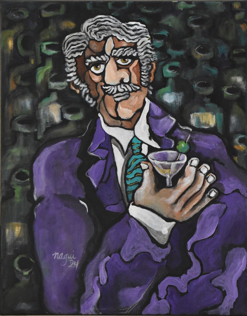 Expressive Portrait Acrylic Painting By Nagui, 16 X 20", Dark Marini 24, Original Artwork