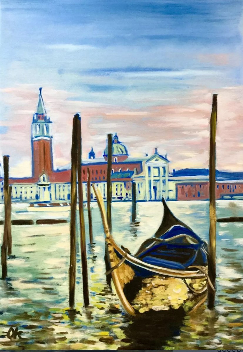 Impressionistic Landscape Oil Painting By Olga Koval, 14 X 20", View Of San Giorgio Maggiore, Original Artwork