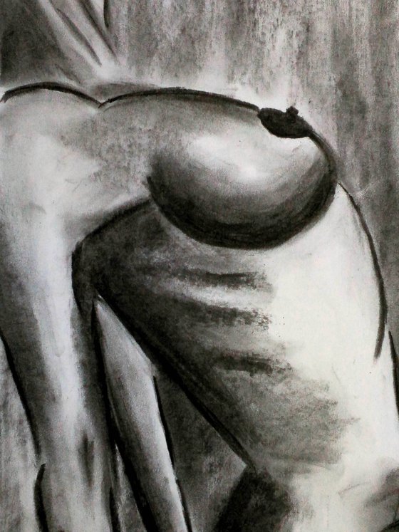 Nude Painting Woman Original Art Female Nude Charcoal Drawing Breast Artwork Home Wall Art 13 by 18" by Halyna Kirichenko