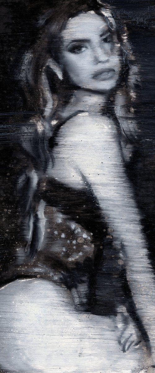 Monica | Black and white beautiful sexy fashion woman in lingerie oil painting on paper  powerful lady by Renske Karlien Hercules