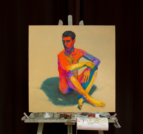 modern pop art nude of a sitting man