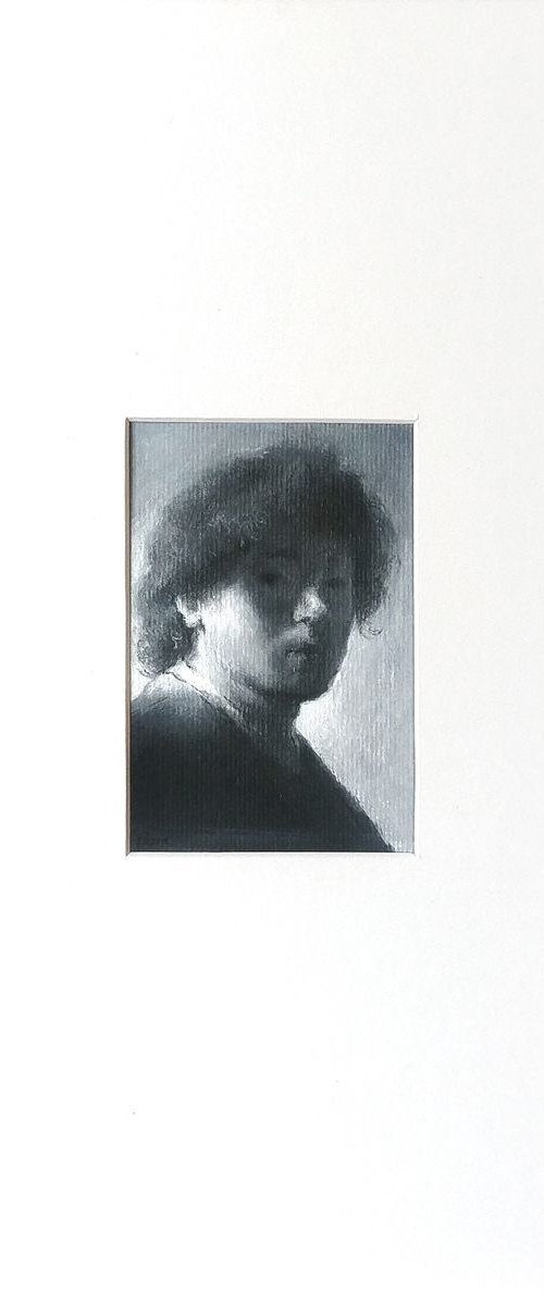 Hommage  to Rembrandt. Self-portrait. Mixed media miniature drawing with wide white mat (passepartout) by Daria Yablon-Soloviova
