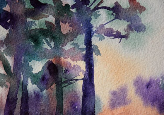 Sunset in the forest Small watercolor painting