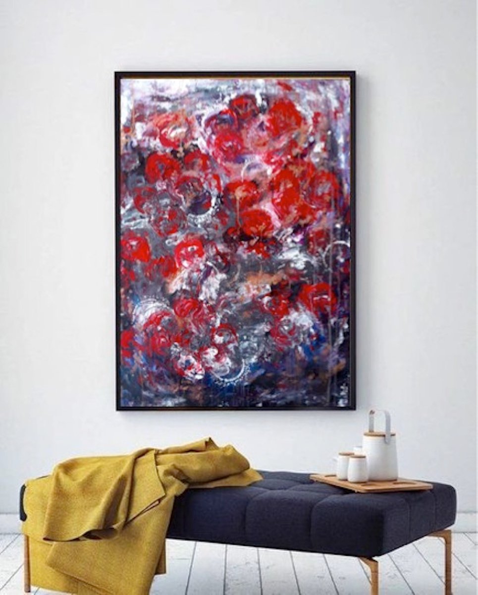 39.4x27.5 (100x70cm), Transition of Love, Original Abstract Red Painting, Red, Grey, rea... by Elena Parau