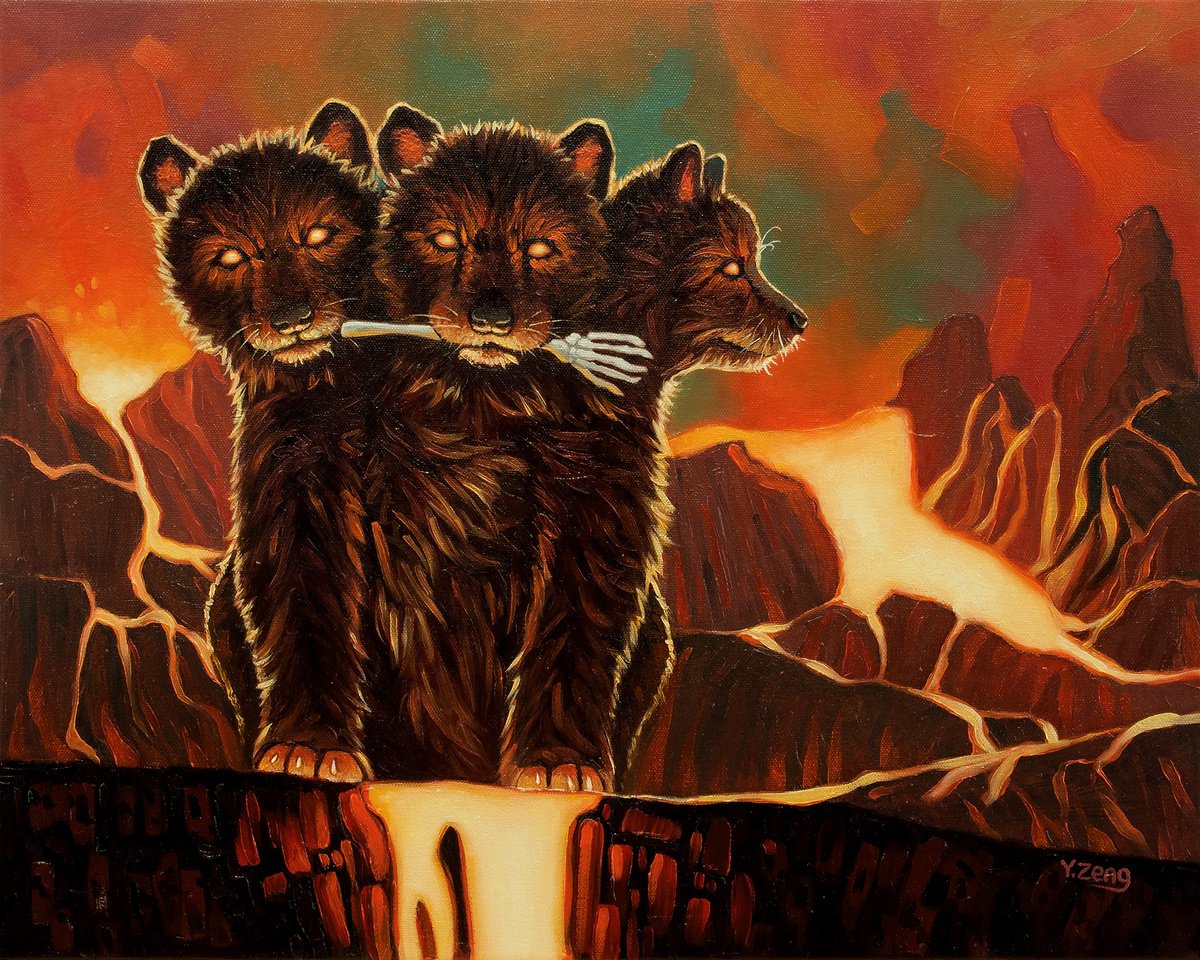 Surrealistic Animal Oil Painting By Yue Zeng, 20 X 16", Hellhound Puppy, Original Artwork