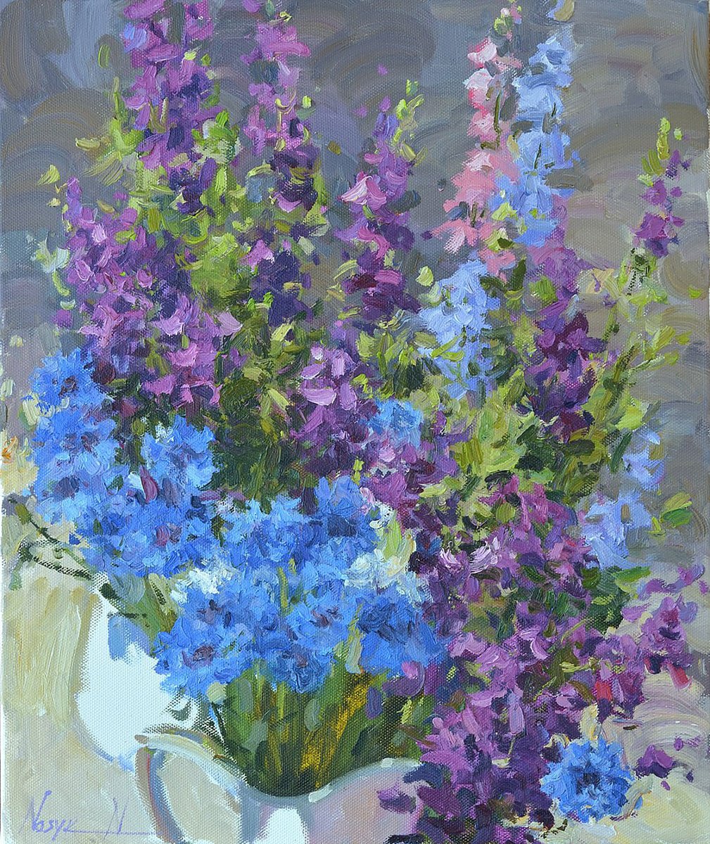 Impressionistic Botanical Oil Painting By Nataliia Nosyk, 20 X 24", Delphiniums In Bloom, Original Artwork
