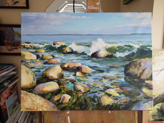 Warm stones, original one of a kind acrylic on canvas seascape