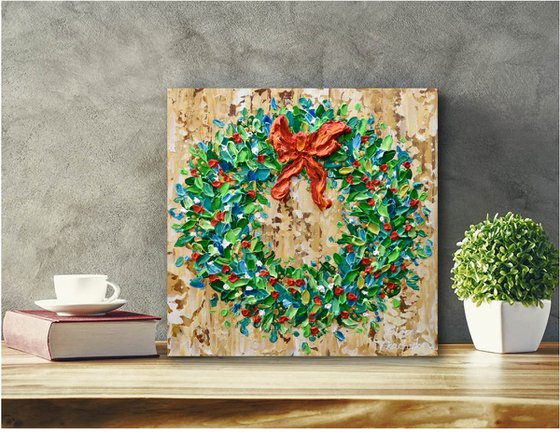 Holiday Wreath - Original Acrylic Painting, Textured Christmas Art