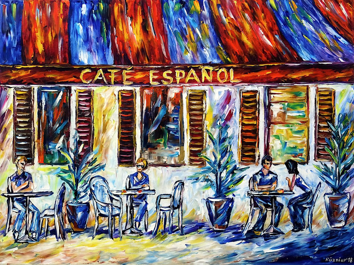 Expressive Cityscapes Oil Painting By Mirek Kuzniar, 31 X 24", Cafe Espanol, Original Artwork