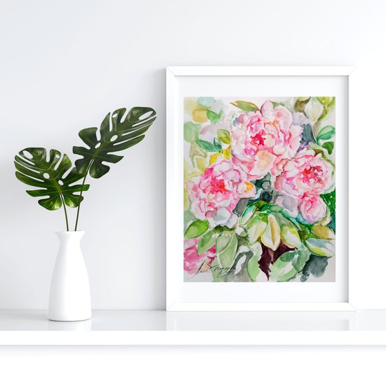 Peonies drawing on paper, Flower painting