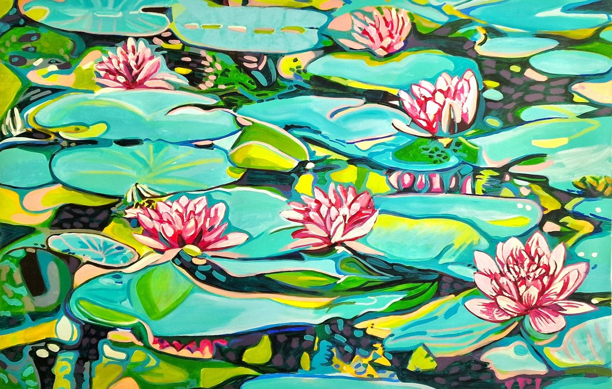 Urban And Pop Botanical Acrylic Painting By Alexandra Djokic, 57 X 38, Water Lilies, Original Artwork
