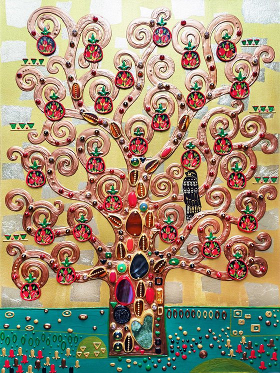 The Pomegranate Tree. Relief textured golden painting with precious stones