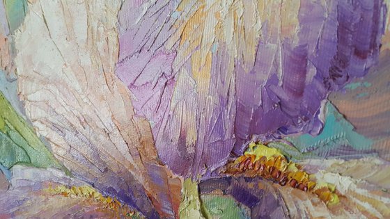 Painting " Flowers of Iris " original oil artwork, impasto, palette knife