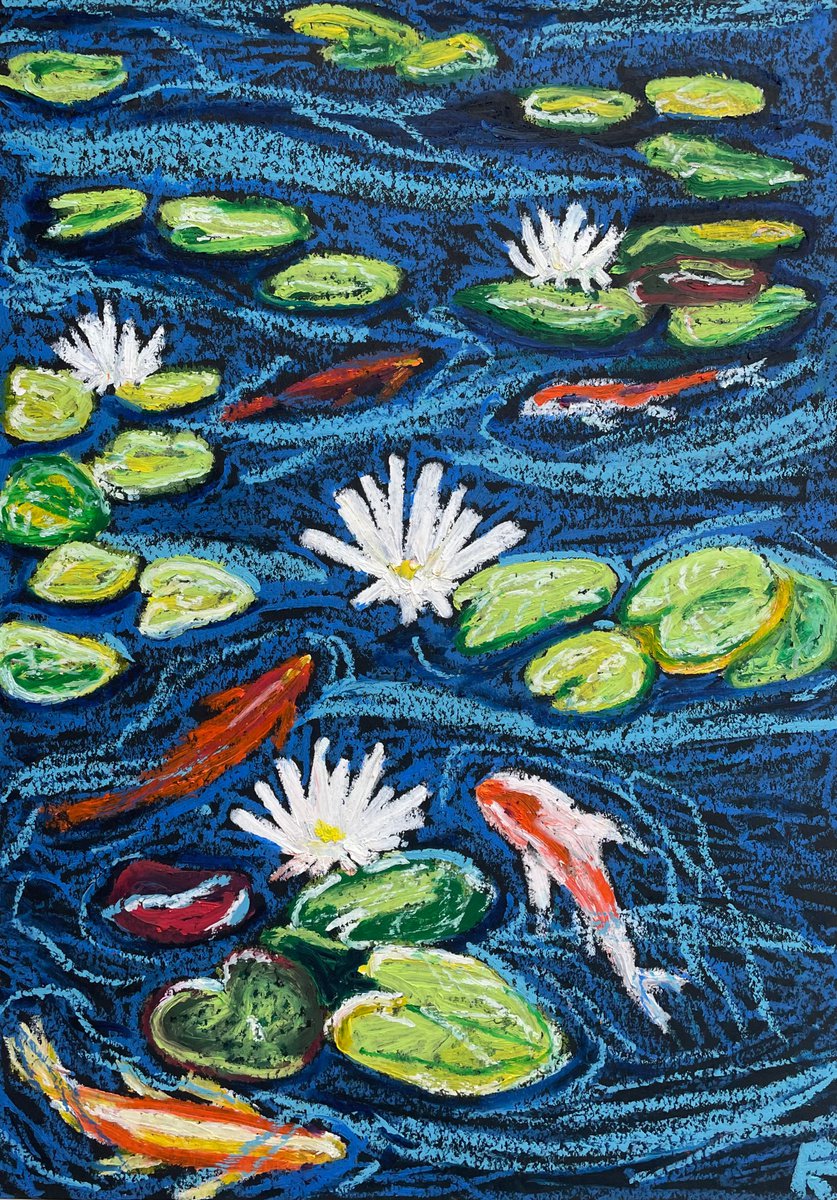 Koi Fish Painting, Original Oil Pastel Drawing, Feng Shui Art, Fish Artwork, Carp Wall Art by Kate Grishakova