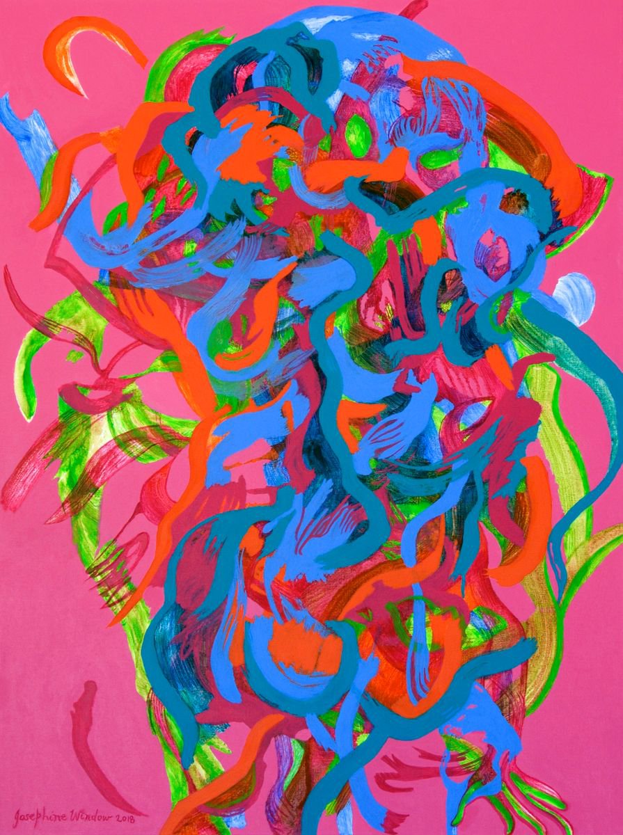 Organic Abstract Acrylic Painting By Josephine Window, 30 X 40", Pink Flower Dance, Original Artwork