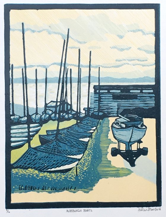 Aldeburgh Boats 9/10. Original handmade linocut. Limited edition reduction linoprint. Helen Maxfield