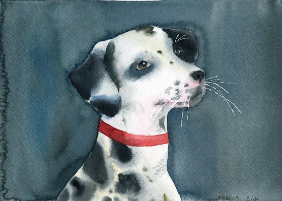 Set of three artworks with pets - St. Bernard dog, Dalmatian dog and spotted cat. Original watercolor artworks.