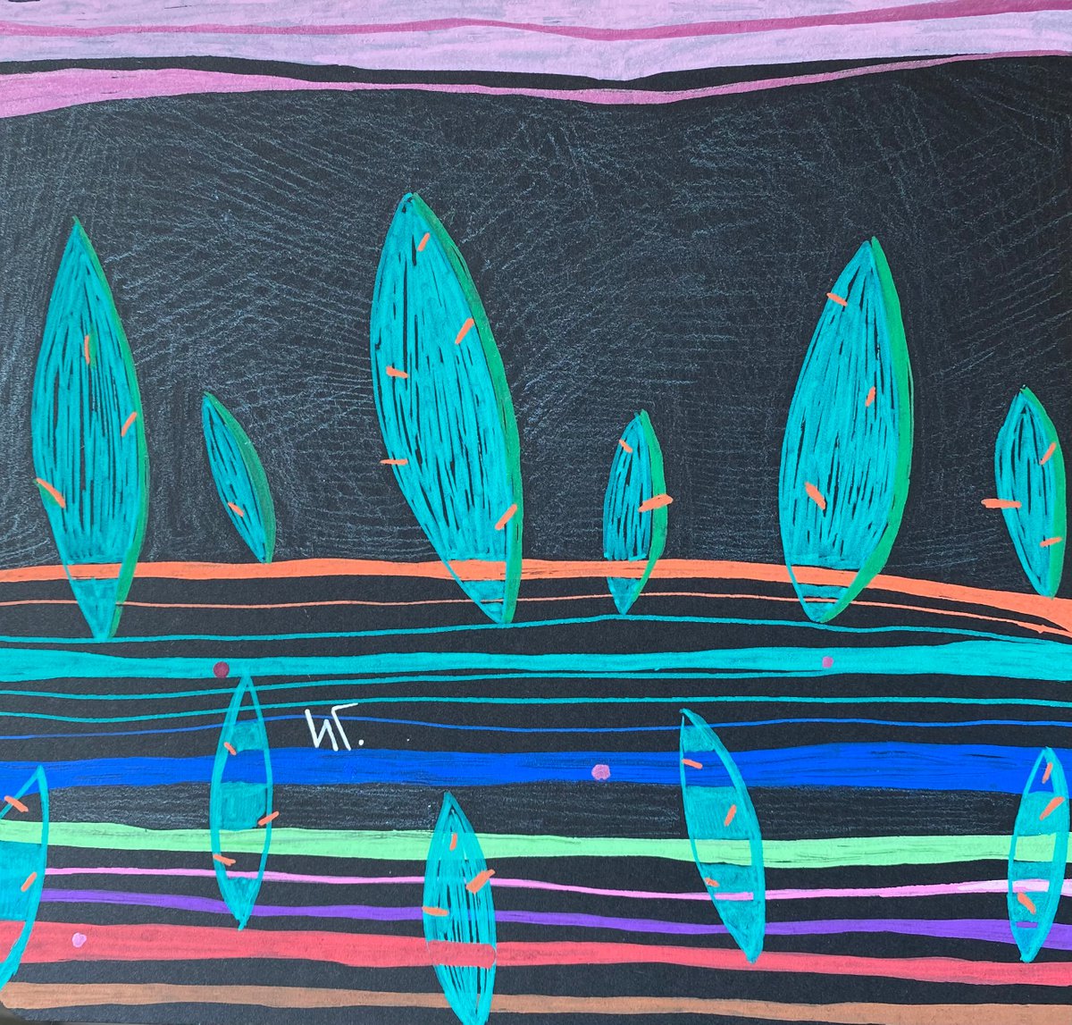 Naive Landscape Drawing By Irina Goleva, 6 X 6, From The Window, Original Artwork