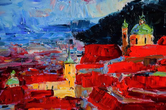 Prague Original Palette Knife Oil Painting, Large Artwork, Red Roofs Art, Europe Wall Art