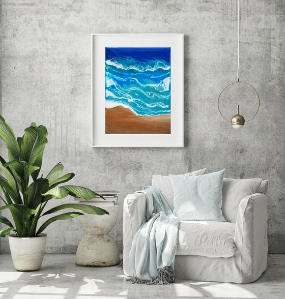 On the beach - original seascape artwork, epoxy resin on canvas