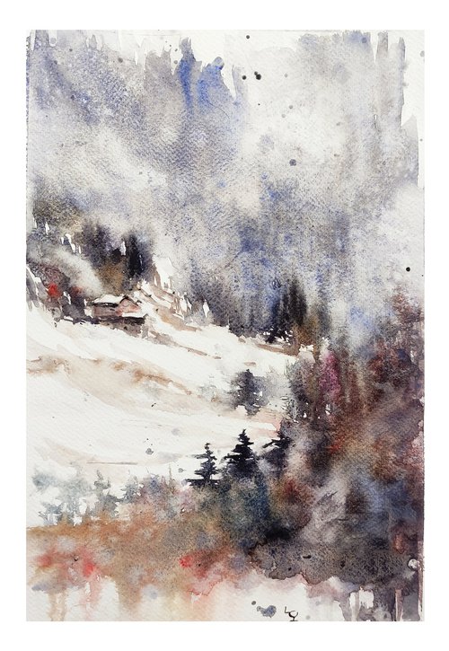 Original Rhone alps France landscape, wall art original, watercolour painting by Dawna Mae Mangeart