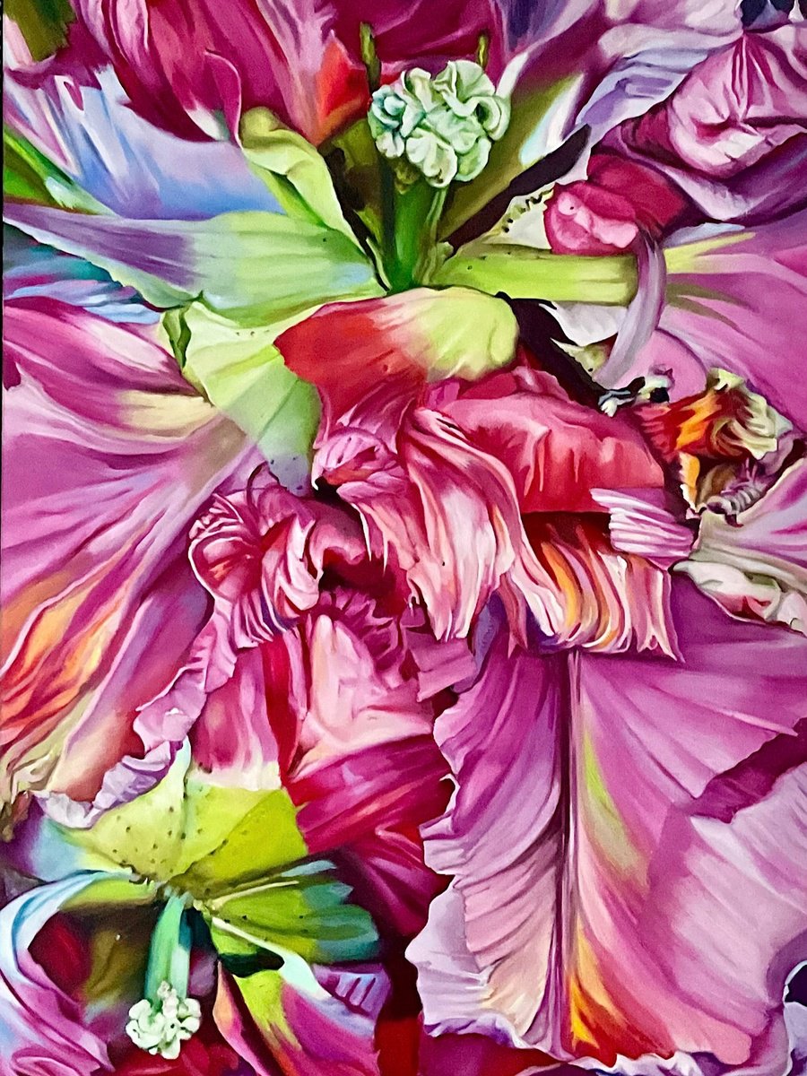 Expressive Botanical Oil Painting By Natalia Lugovskaya, 35 X 51", Tulips. Improvisation., Original Artwork