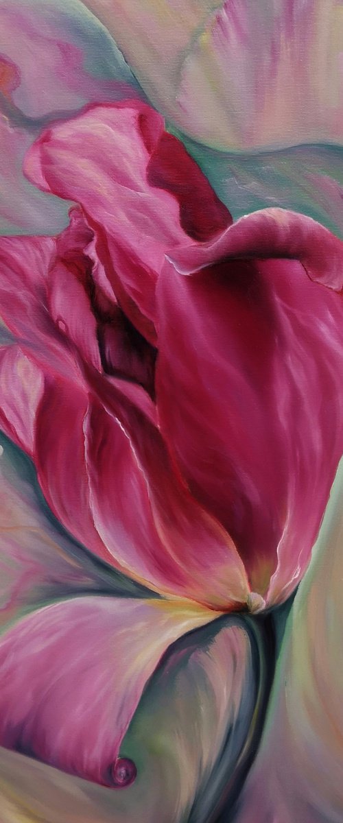 Rainbow Tulip, oil painting, original gift, home decor, Flowering, Spring, Leaves, Living Room, leaves, many flowers, flower picture,  delicate flowers, tulip painting, white tulip flowers, blooming tulip, by Natalie Demina