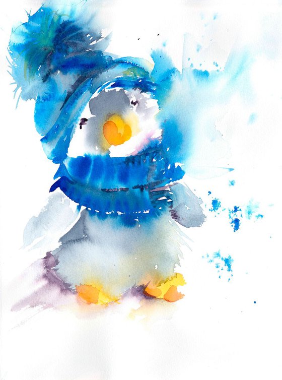 Penguin painting, Original Watercolour, Nursery Wall Art, penguin watercolor, cute, blue