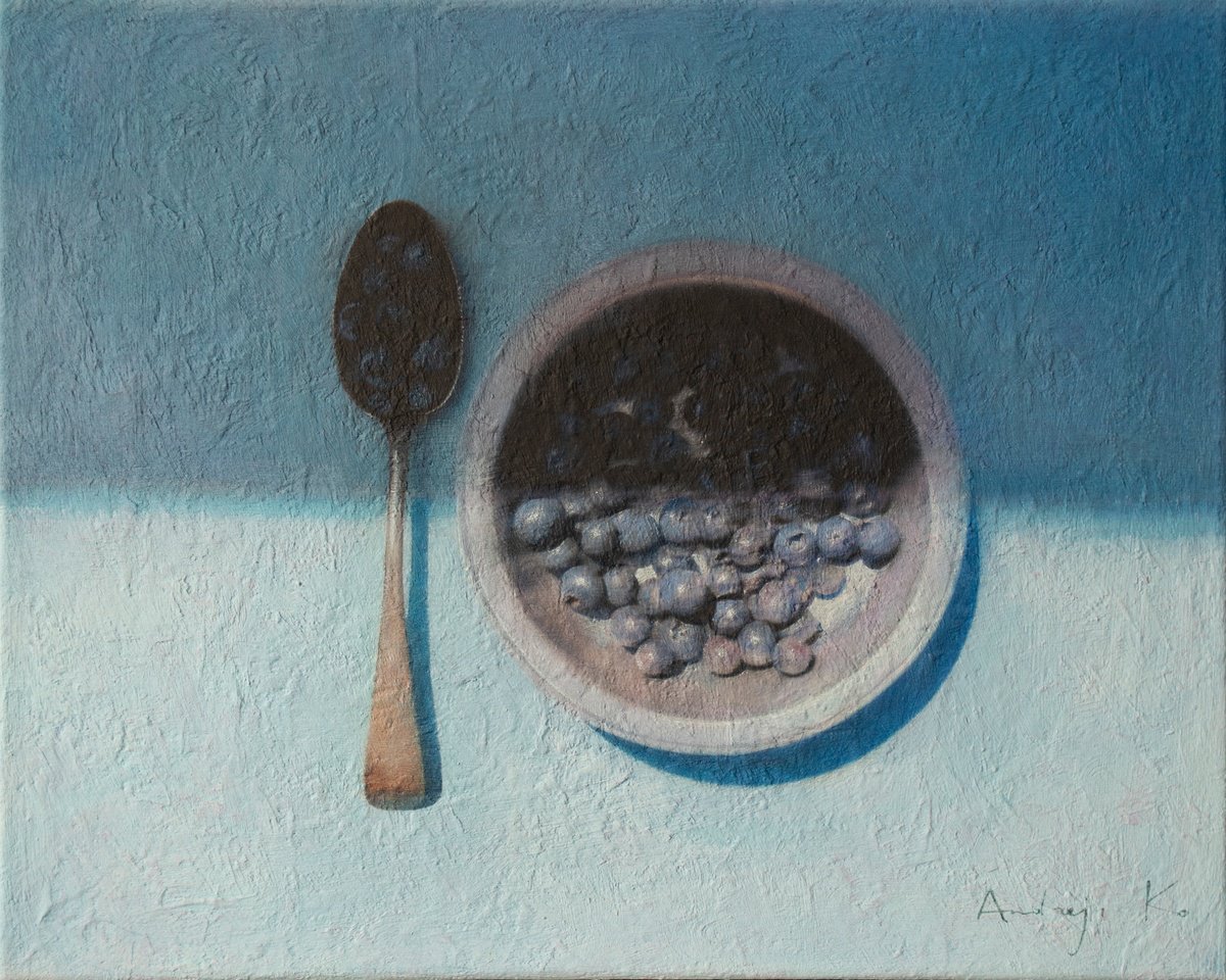 Impressionistic Still Life Acrylic Painting By Andrejs Ko, 20 X 16, Sky-Blue Blueberries, Original Artwork