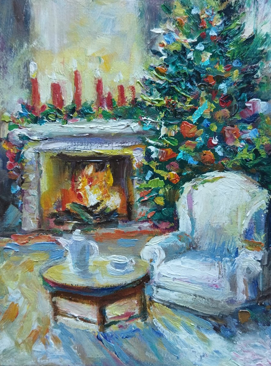 Impressionistic Abstract Oil Painting By Ann Krasikova, 6 X 8, Christmas Eve, Original Artwork