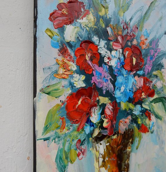 Bright flowers, bouquet of flowers in a vase. Still life. 30x40cm