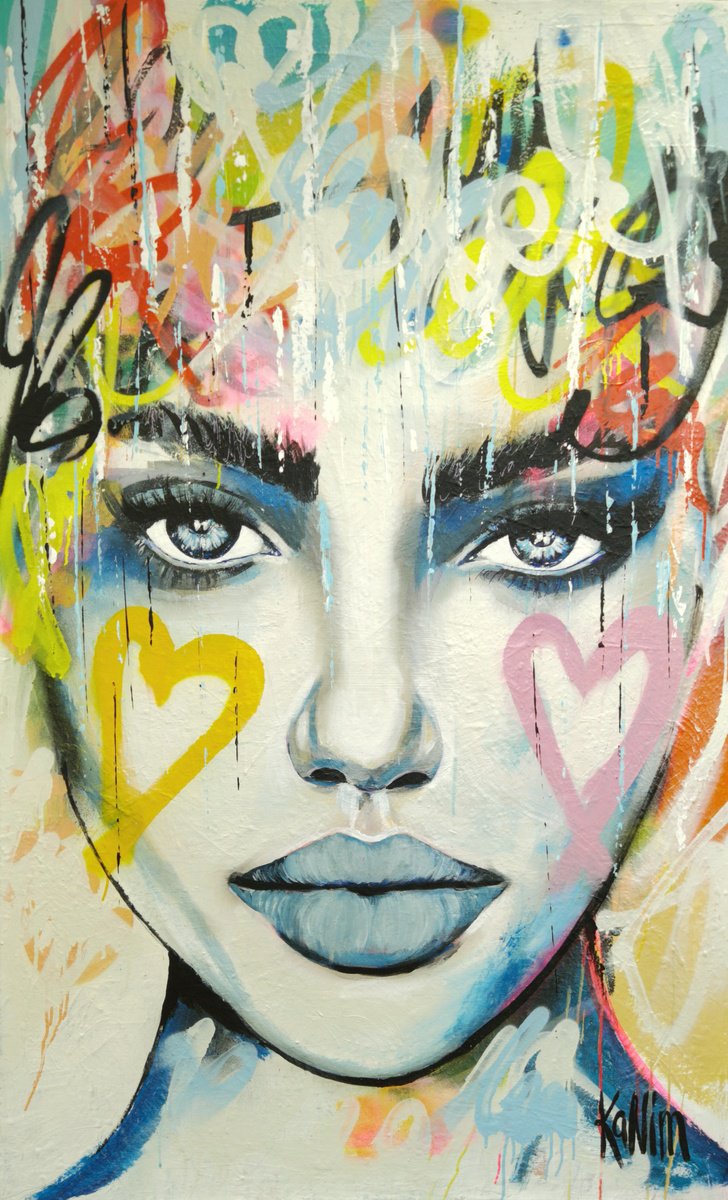 Urban And Pop Portrait Painting By Kanim, 39 X 63", Heart To Heart, Original Artwork