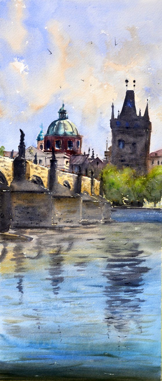 Blue sky and Charles bridge reflecton at Vltava Prague 23x54cm 2020