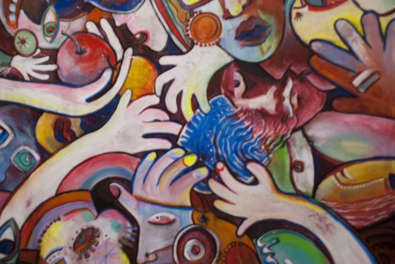 Get Out Your Fingers From My Cup Of Tea (90x90cm abstract surrealistic big size ready to hang)