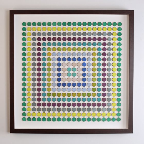 Abstract art wood dot collage 'concentric square of dots'