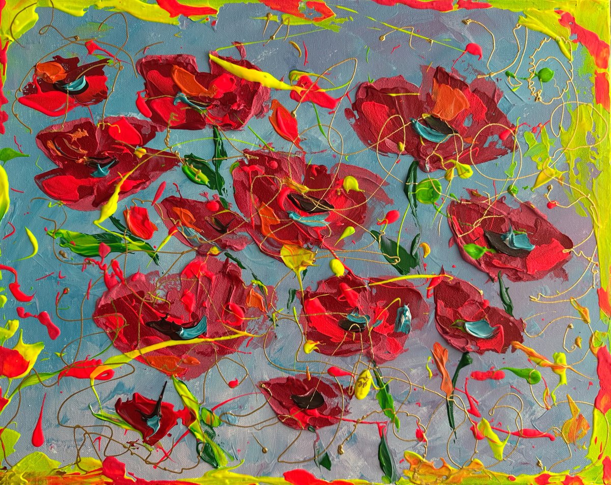 Impressionistic Botanical Acrylic Painting By Oksana Fedorova, 20 X 16", Abstract Red Flowers, Original Artwork