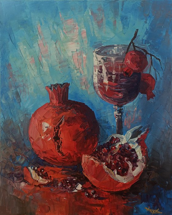 Still life with wine and pomegranate  (40x50cm, oil painting,  ready to hang)