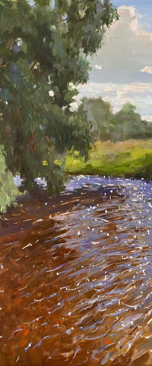 Summer River Oil Painting by Evgeniia Mekhova