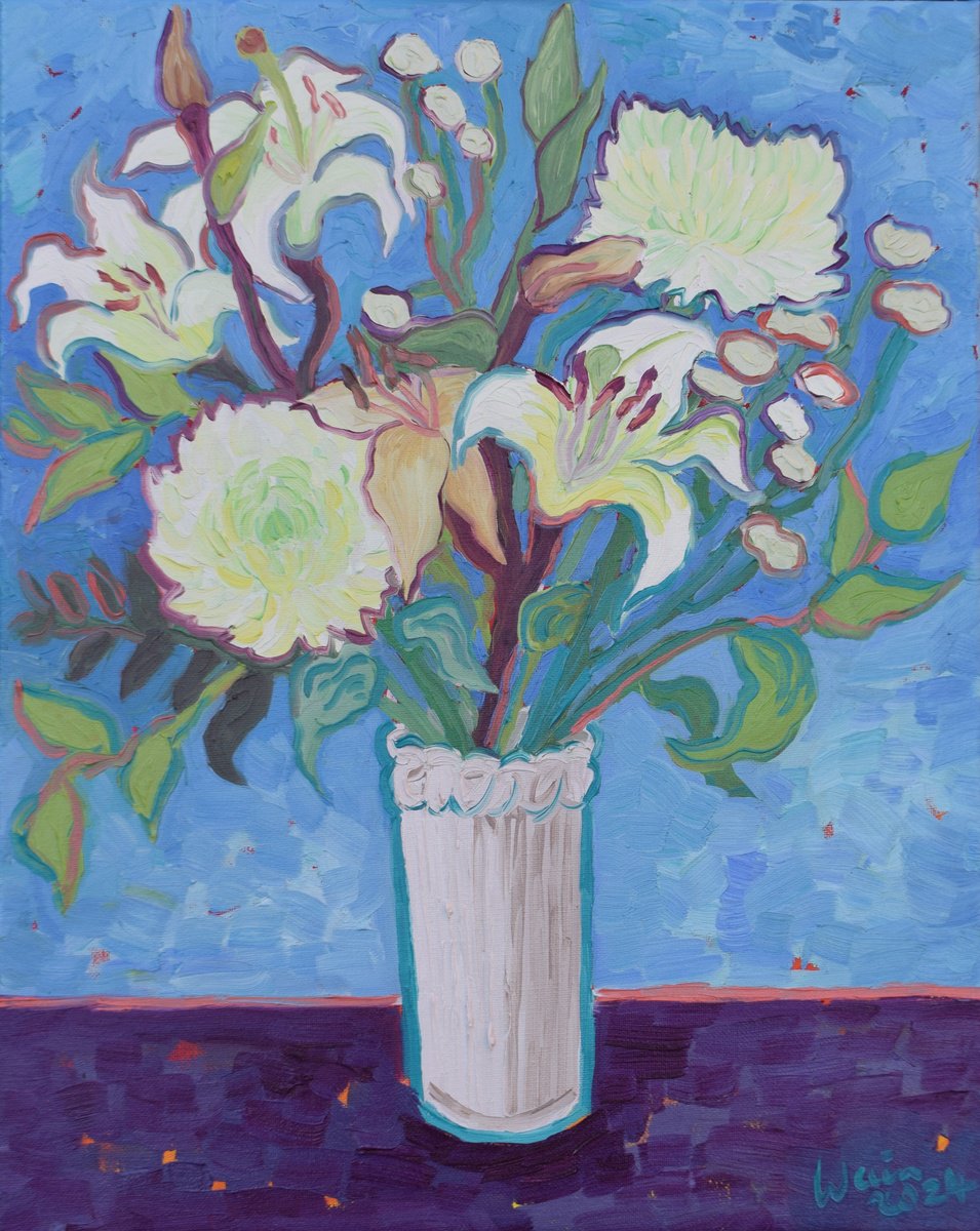 Impressionistic Botanical Oil Painting By Kirsty Wain, 16 X 20", White Flowers In A Vase, Original Artwork
