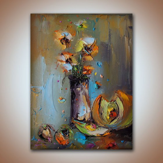 Summer composition, Modern still life, Oil painting on canvas, free shipping