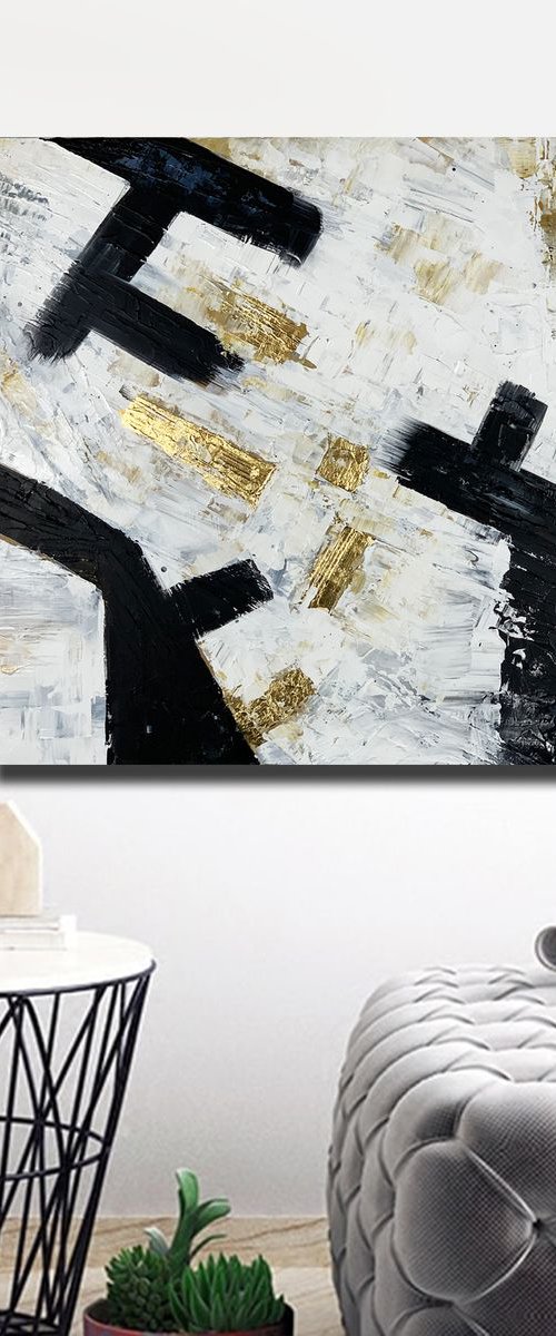 Black and White Abstract Painting, Golf Leaf, Minimalist Art, Modern Wall Art Decor, Original Textured Painting by Lana Guise