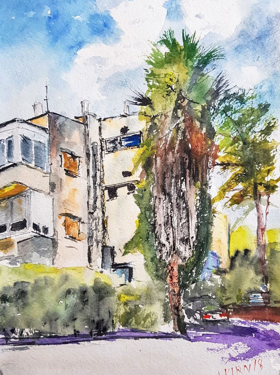 Impressionistic Cityscapes Watercolour By Leonid Kirnus, 8 X 11", House On Pillars, Original Artwork