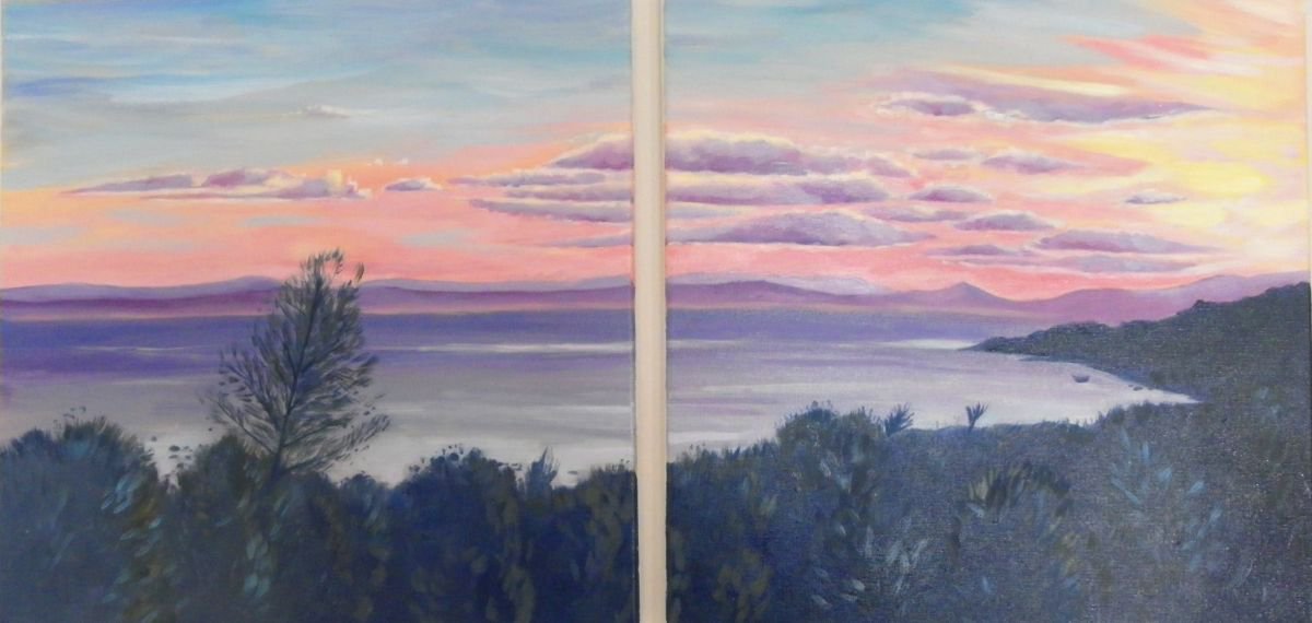 Sunset over the island Diptych by Mary Stubberfield