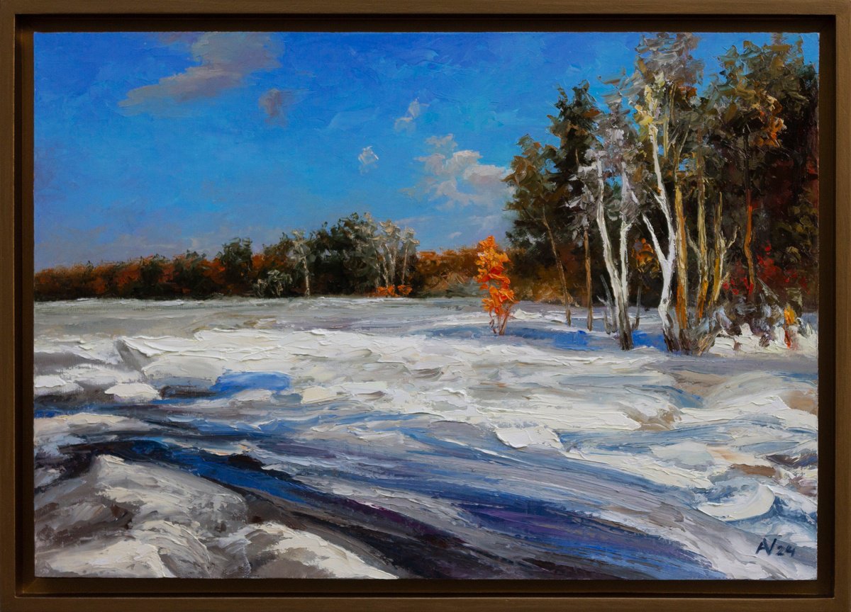 Impressionistic Landscape Oil Painting By Oleksii Vylusk, 21 X 15", Winter Day 03, Original Artwork