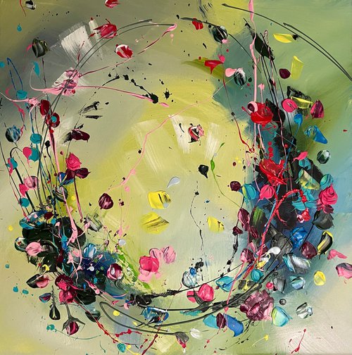 Square acrylic structure painting with flowers "Lucky Horseshoe" 60x60x2cm, mixed media by Anastassia Skopp