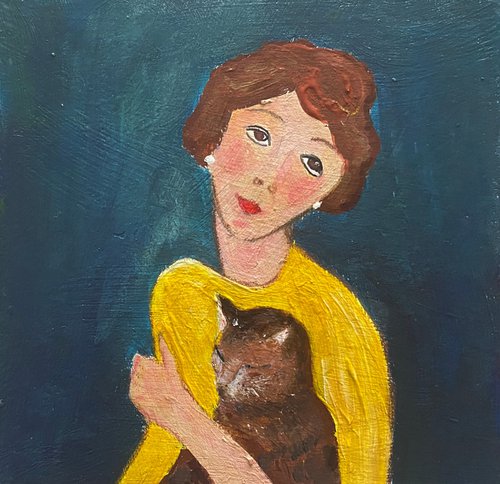 Woman yellow dress tabby cat by Teresa Tanner